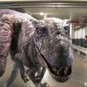 Dinosaur terrifies people in a parking garage.